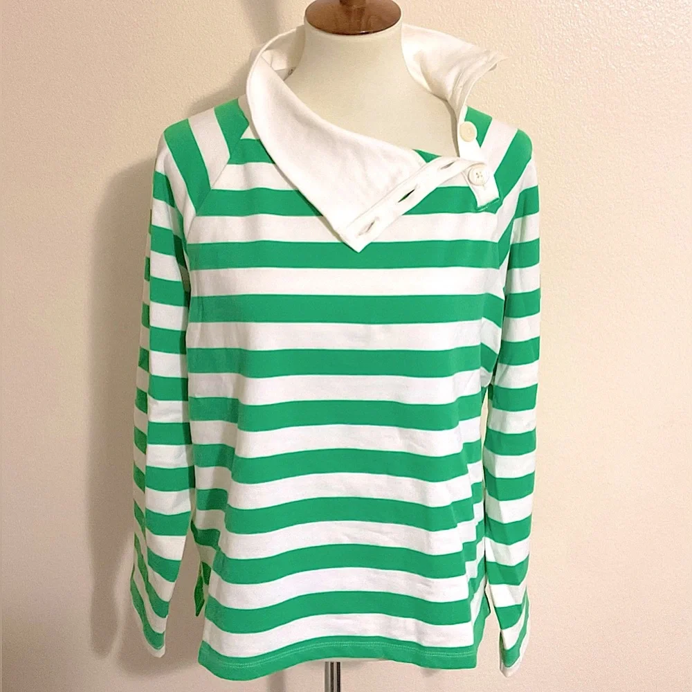 J. Crew Pullover Striped Sweatshirt Lightweight Kelly, Ivory M - Picture 5 of 9